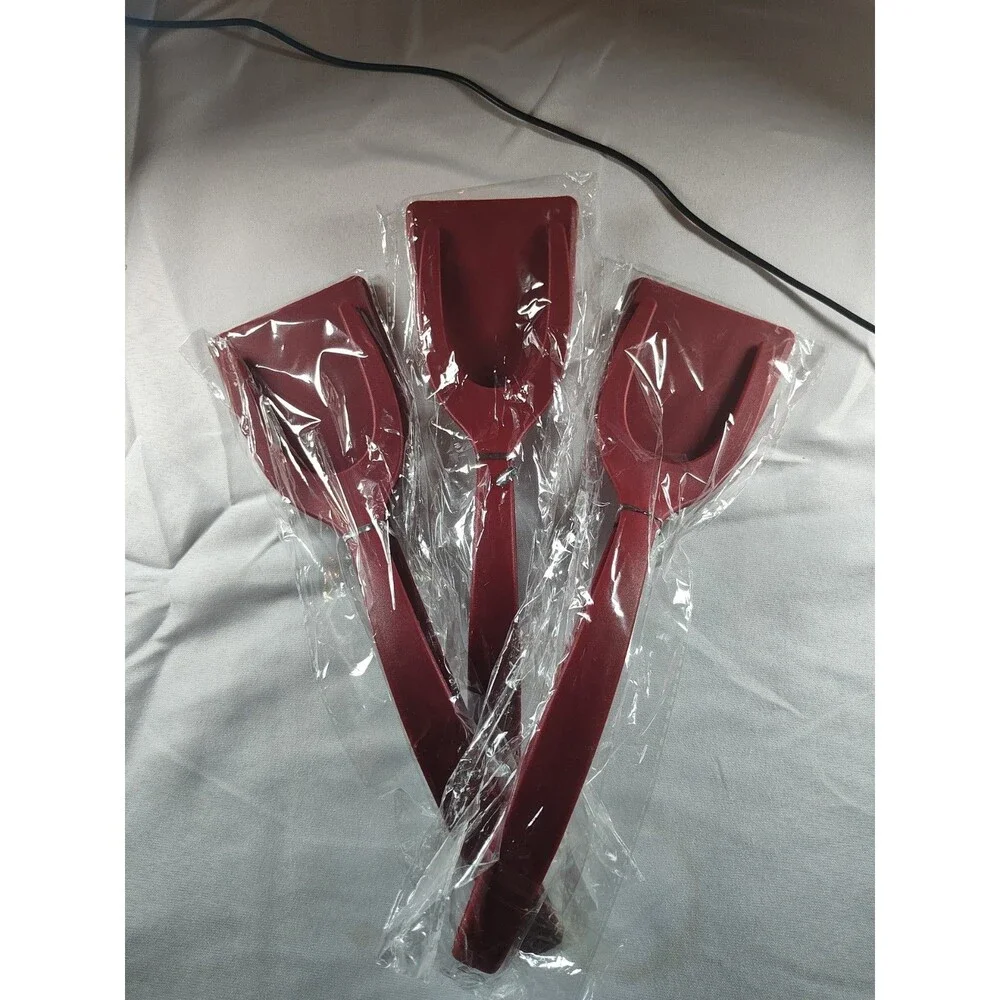 3 Pack 2 in 1 RED Non Stick Grip Flip Fried Egg Tong Toast Bread Pancake Spatula